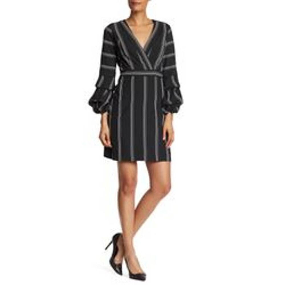 Laundry Black White vertical Striped puff Sleeve v neck mini dress NWT Womens 4